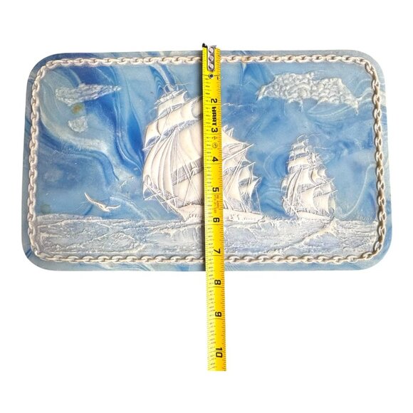 Nautical Sailing Clipper Ships Incolay Stone Jewelry Keepsake Box Large Usa 12" - Picture 6 of 16